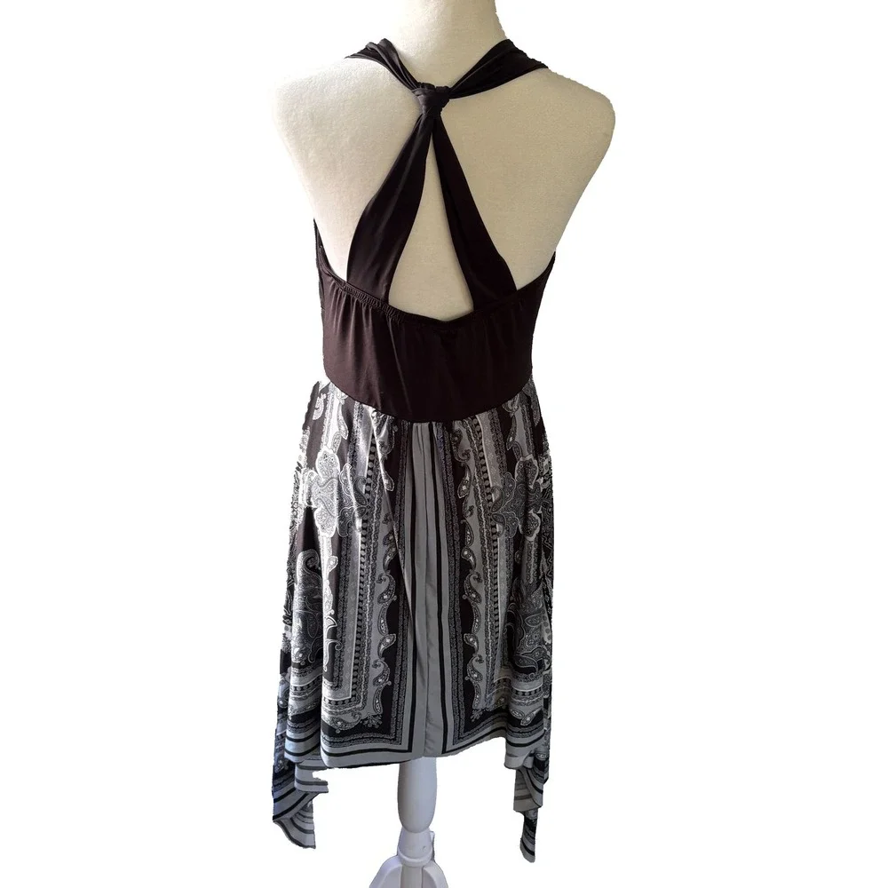 Medium Halter Dress MUSA USA Black Paisley Handkerchief Hem V‎ Neck Size Med y2k